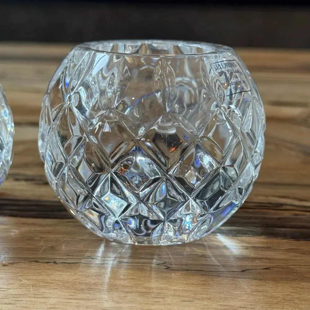 Pair VTG Illusions Samobor 24% Lead Crystal Votive Candle Holder Rose Bowl Set 2